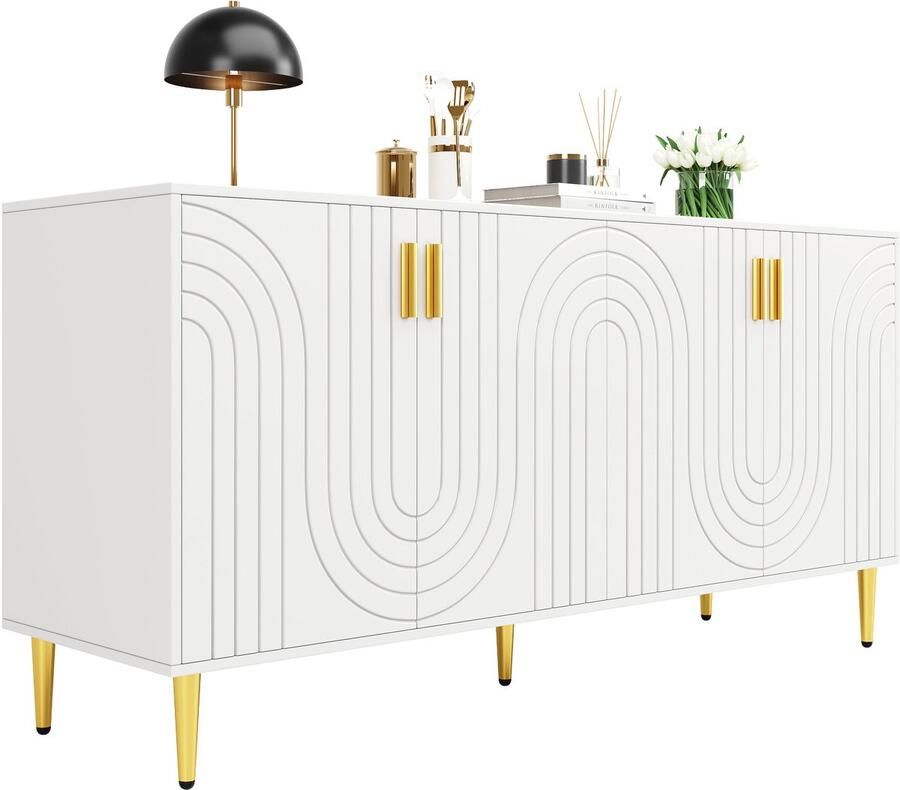 Merax Wit Dressoir 152 cm Met Gouden Handgrepen En Golvend Deurdesign – Modern Sideboard Met Opbergruimte Voor Woonkamer Of Eetkamer