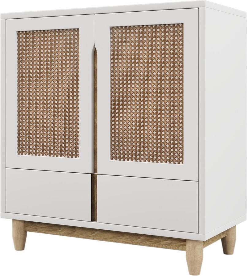 Merax Wit dressoir met Rattanlook Deuren en Massief Houten Poten Wit