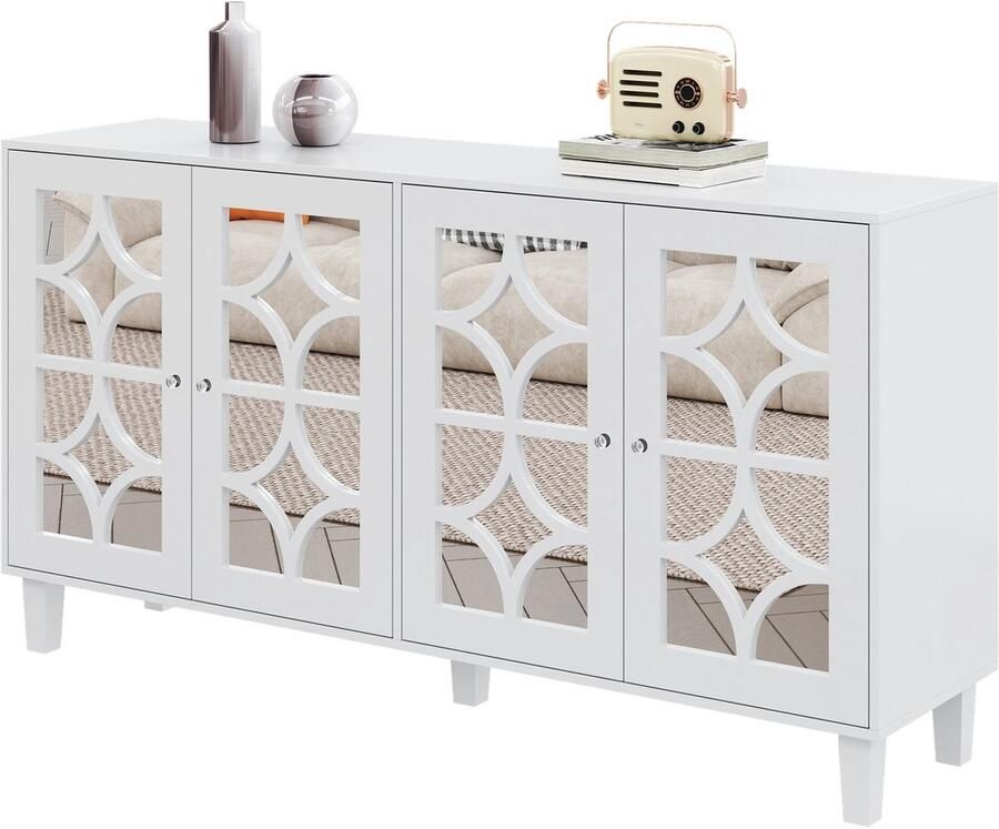 Merax Wit Dressoir met Spiegeldeuren – 4-Deurs Opbergkast met Kristallen Handgrepen – 160x40x85 cm – Luxe Sideboard voor Woonkamer of Eetkamer