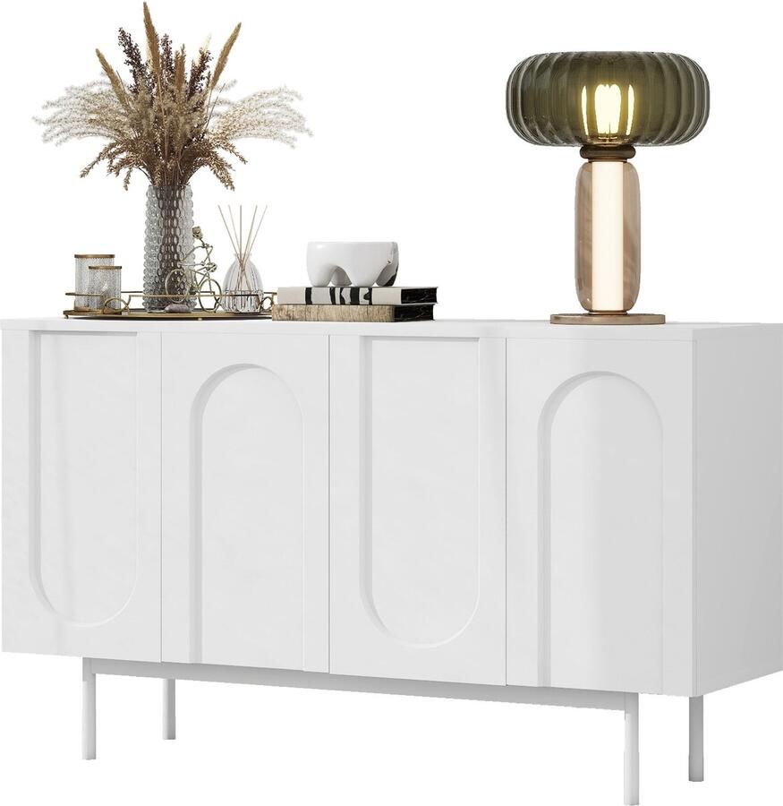 Merax Wit Dressoir – Modern Sideboard Met 4 Deuren In Boogdesign – Opbergkast Van MDF En Metaal – 140 x 42 x 80 cm – Voor Woonkamer Eetkamer Of Hal – Verstelbare Planken