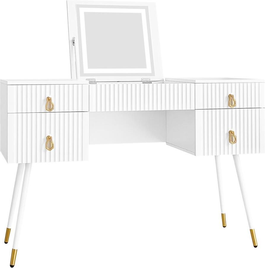 Merax Wit dressoir zonder stoel inclusief dimmende LED spiegel meerdere opbergruimtes 4 lades universeel bureau wit