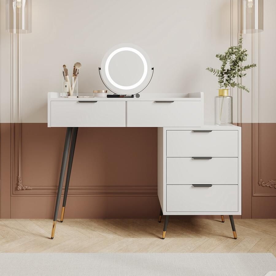 Merax Wit dressoir zonder stoelen incl. uittrekbaar dressoir met spiegel voor instelbare helderheid met 5 lades wit