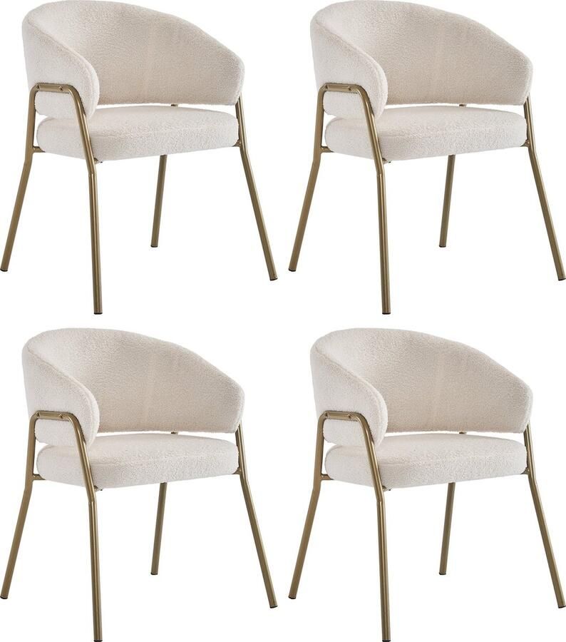 Merax Set van 4 Witte Esszimmerstoelen van Lamsfluweel met Gouden Poten – Luxe Eetkamerstoelen met Uniek Ontwerp