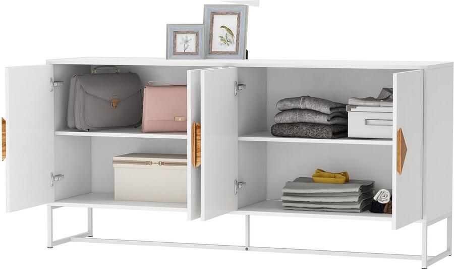 Merax Wit Houten Dressoir met 4 Deuren en Dubbele Opbergruimte Moderne Kast met Metalen Onderstel en Vierkante Handgrepen Sideboard TV Meubel Buffetkast 160 cm