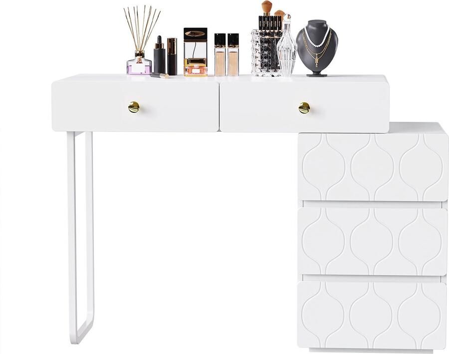 Merax Schminktisch 5 Schubladen ohne Spiegel und Hocker Schrank und Beine links und rechts austauschbar 90x 40 x 73.5 cm Wellenmuster minimalistischer Stil Kommode weiß