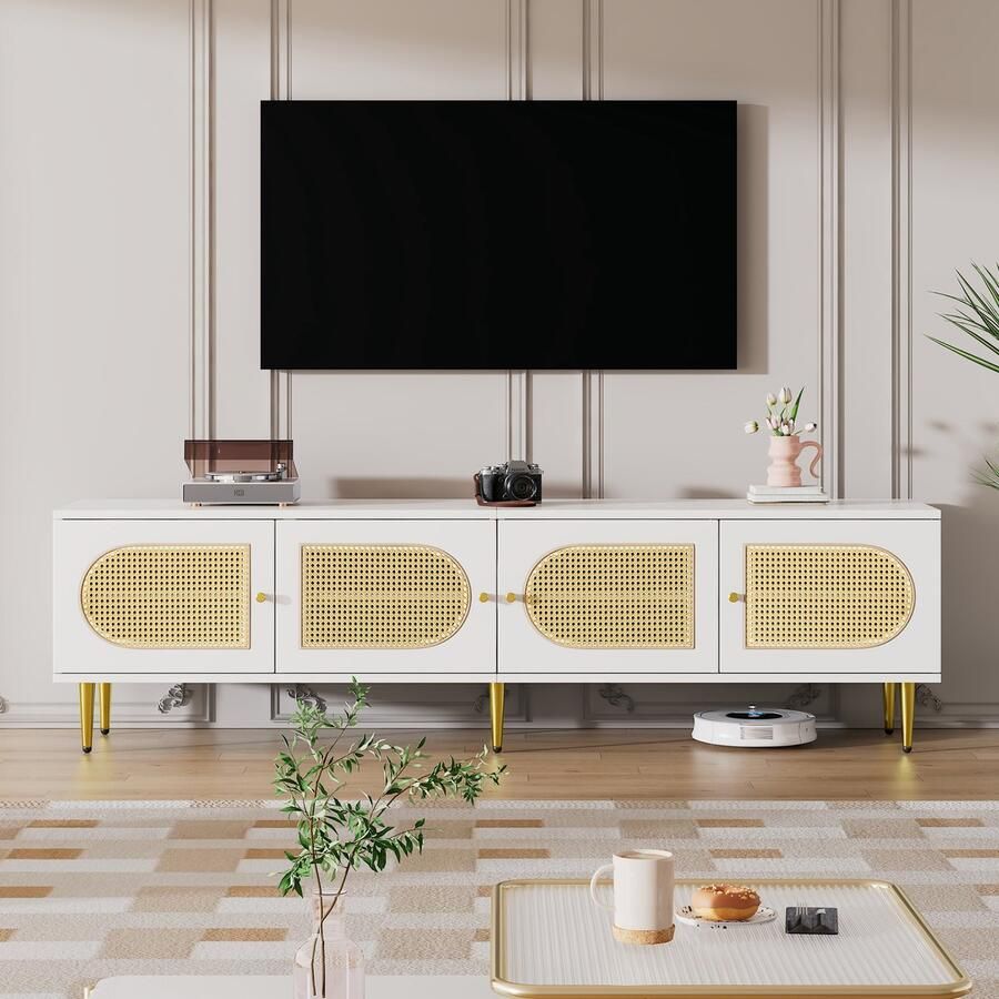 Merax Wit rotan Tv-meubel 180x40x50 cm 4 rotan deuren verstelbare planken en kabelbeheer