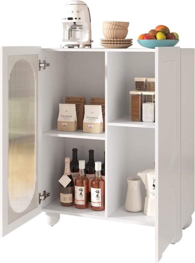 Merax Wit Scandinavisch Opbergkastje – 80x34x95 cm – Met Verstelbare Planken & Gehard Glas – Modern Keukenkastje of Dressoir – Waterafstotend & Krasbestendig – Voor Woonkamer Keuken of Hal