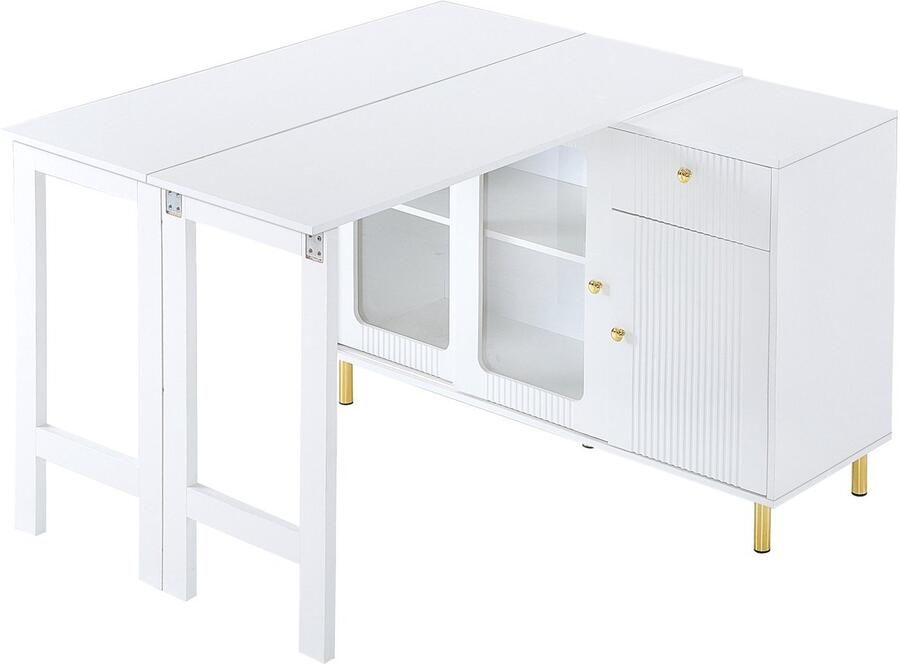 Merax Wit Sideboard – 116x40x78 5 cm – Buffetkast met Uitschuifbare Tafel Glazen Schuifdeuren & Gouden Poten – Moderne Opbergkast voor Keuken of Eetkamer – MDF - Foto 2