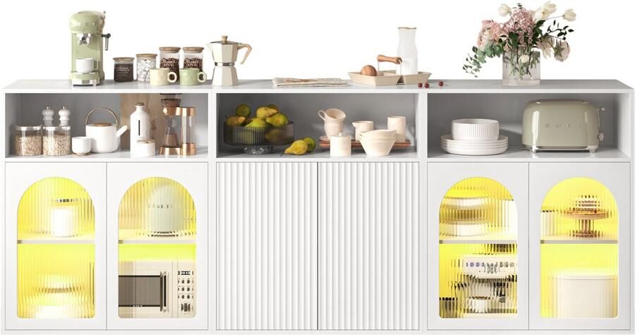 Merax Wit Sideboard – Grote Opbergkast met Glazen Deuren LED-verlichting en Houtlook Blisterdeuren – 210x35x90 cm – Voor Woonkamer Keuken of Hal – Modern en Elegant