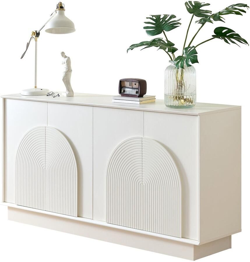 Merax Wit Sideboard met Gebogen Deuren – 4-Deurs Dressoir met Opbergruimte – Modern Mat Woonkamerkast van MDF – 160 x 38 x 80 cm