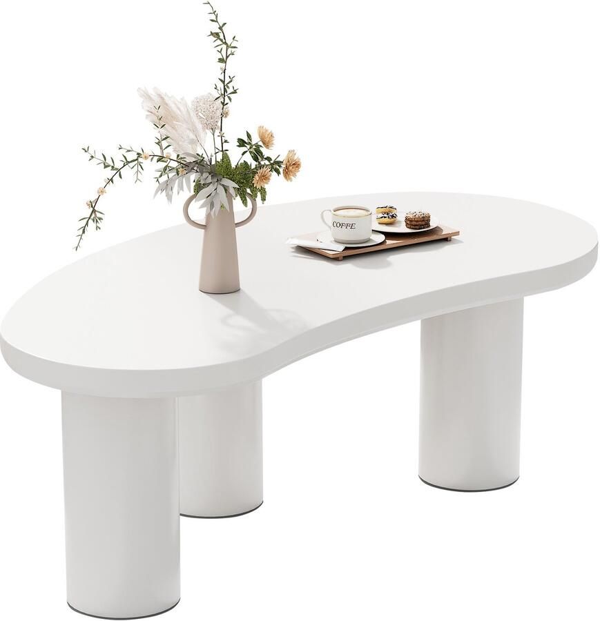 Merax Witte Design Salontafel Halvemaan Vorm – Moderne Onregelmatige Tafel 107x57x40.5 cm – MDF Tafelblad met PVC Poten en Filtonderleggers