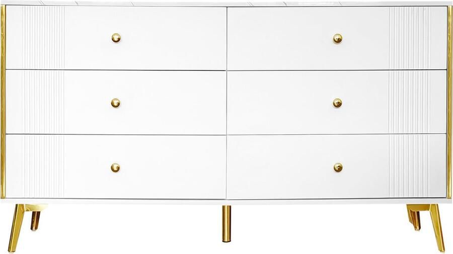 Merax Witte Dressoir met 6 Lades Hoogglans Marmerlook Tafelblad Wit-Gouden Design Gouden Poten 140x35x76 cm – Luxe Sideboard Opbergkast Schoenenkast
