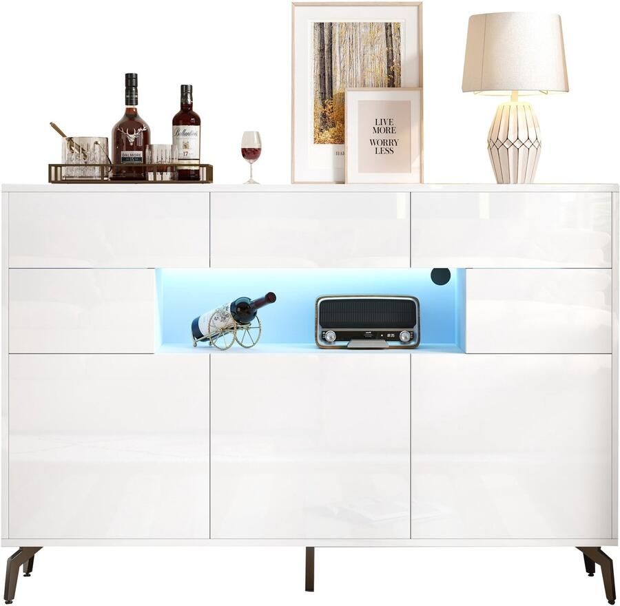 Merax Witte Dressoir met LED Verlichting 140 cm Sideboard met 3 Lades en 5 Deuren Hoogglans Opbergkast met 5 Metalen Poten 140 x 30 x 94 cm