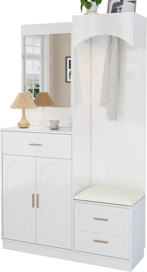 Merax Witte Garderobekast met Spiegel Moderne Hal Kast met Schoenenkast en Zitbank Multifunctioneel Opbergmeubel met Verstelbare Planken 110 x 33 x 185.5 cm