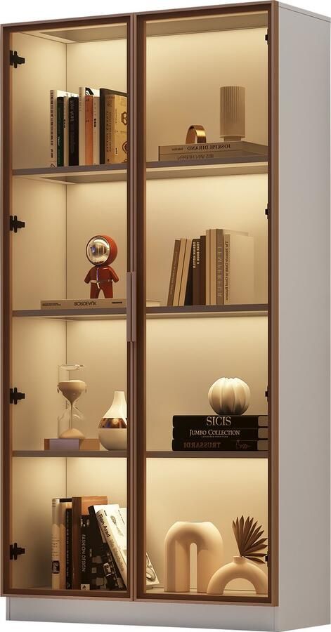 Merax Witte Glazen Vitrinekast met 16-kleuren LED-verlichting – 80x40x160 cm – Verstelbare Legplanken Dubbele Deuren Kabelmanagement