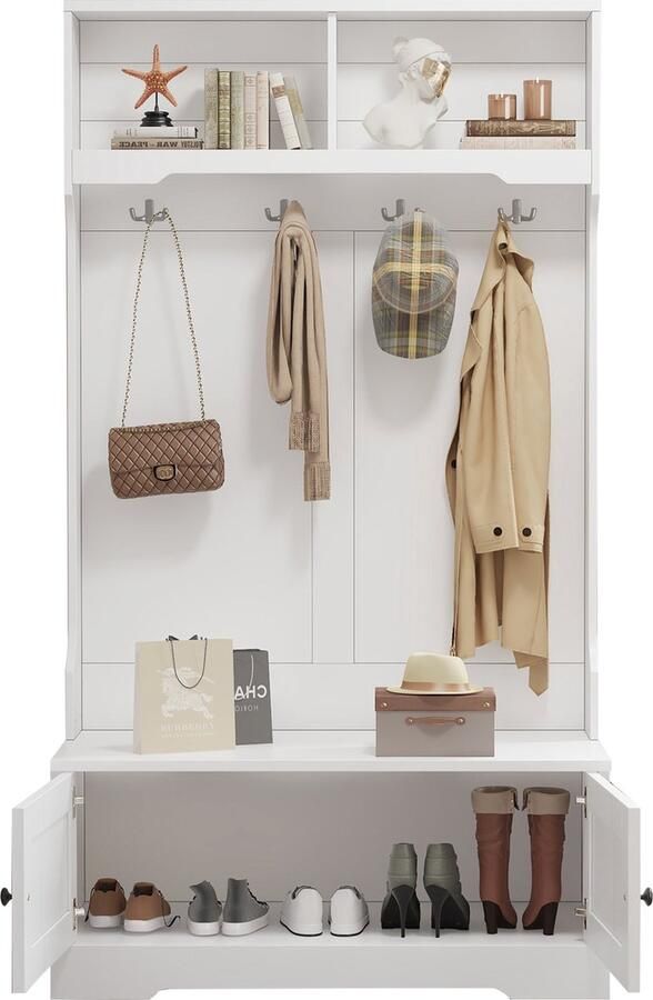 Merax Weißer Eingangsschrank mit Stauraum an der Unterseite des Sitzes mit 4 Haken zum Aufhängen und 2 Fächern an der Oberseite zur offenen Aufbewahrung Kleiderständer Garderobe Schuhschrank - Foto 3