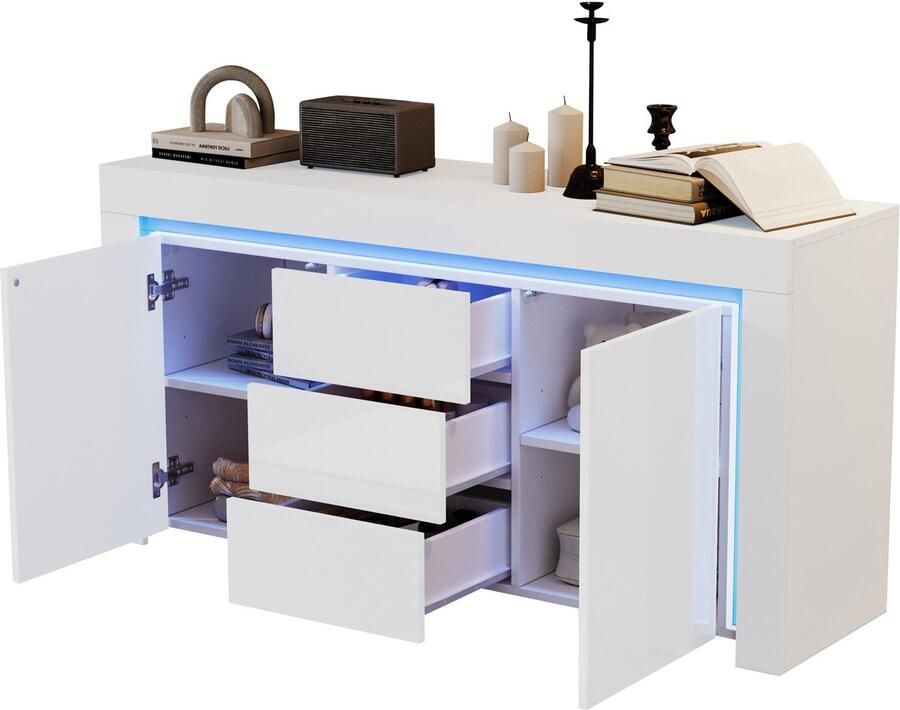 Merax Witte Hoogglans Dressoir met LED Verlichting 140 cm Sideboard met 3 Lades en 2 Deuren Moderne Opbergkast met Verstelbare Planken 140 x 40 x 65 cm