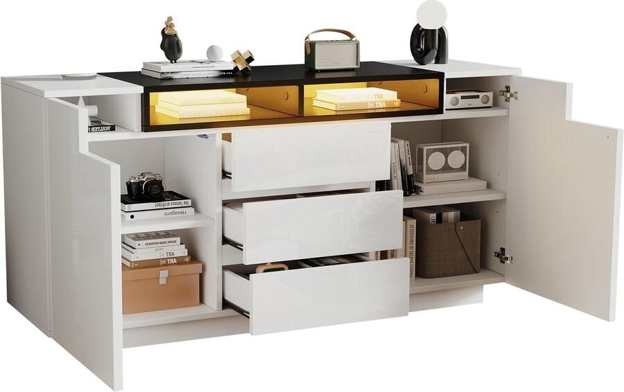 Merax Witte Hoogglans Dressoir met LED Verlichting 140 cm Sideboard met 3 Lades en 2 Deuren Moderne Woonkamer Kast in Wit en Zwart 140 x 60 x 48 cm