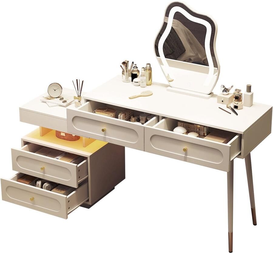 Merax Witte Kaptafel met LED-Spiegel Moderne Make-uptafel met 4 Lades en Opbergvak Verlichte Kaptafel voor Slaapkamer 140×40×130 cm