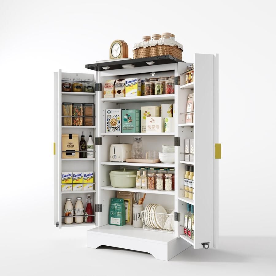 Merax Witte Keukenkast met LED Sensorlicht en Kruidenrek Moderne Hoge Kast met Draaideuren en Verstelbare Planken 120 x 60.5 x 40 cm