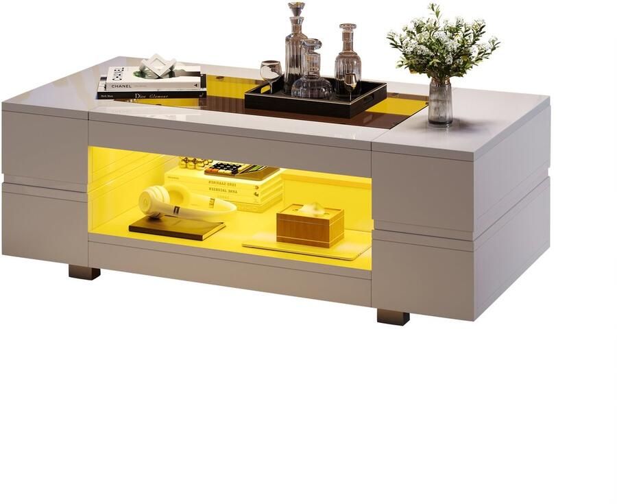 Merax Witte LED Salontafel – Hoogglans Koffietafel met Glasplaat – Bluetooth App-bediening & RGB Verlichting – Moderne Tafel met Opbergruimte