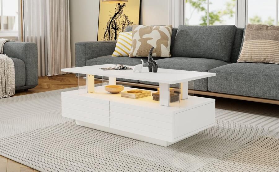 Merax Witte LED Salontafel met Opbergruimte – Bluetooth & App Verlichting – Acryl – 100x50x42 cm – Moderne Design Tafel met 2 Lades & Open Schap – Voor Woonkamer of Kantoor - Foto 2