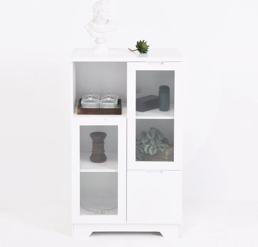 Merax Witte Opbergkast Met Glazen Deuren En Lade 100 cm MDF Buffetkast Met Open Vakken Voor Woonkamer Of Slaapkamer