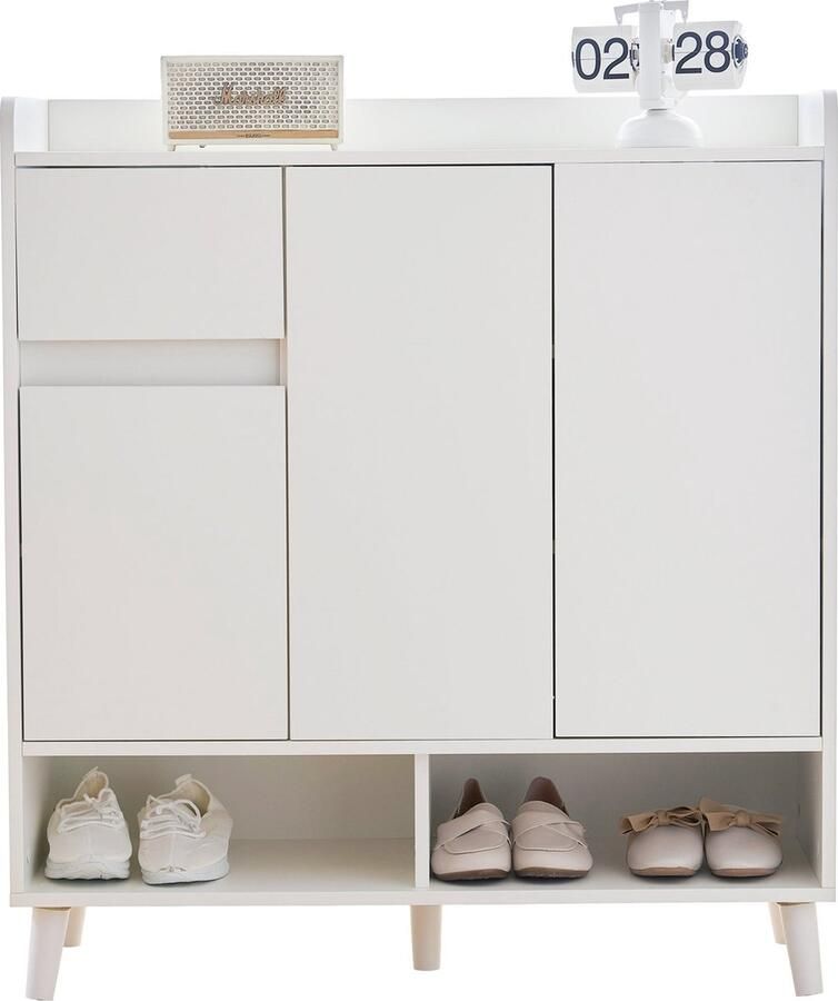 Merax Witte Opbergkast – Minimalistisch Dressoir met Verstelbare Legplanken en Massief Houten Poten – 99x90x35 cm