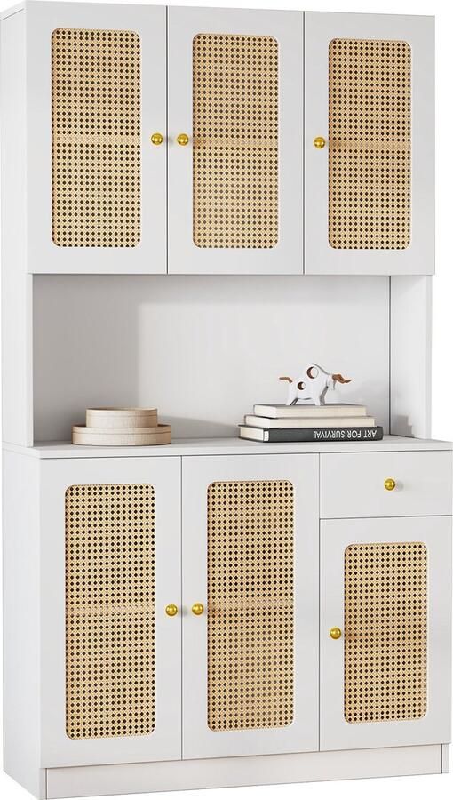 Merax Witte Rattan Buffetskast – Highboard met 6 Rattan Deuren Witte Lade en Open Opslagruimte in het Midden – Geschikt als Dressoir Halmeubel Woonkamer- of Eetkamerkast