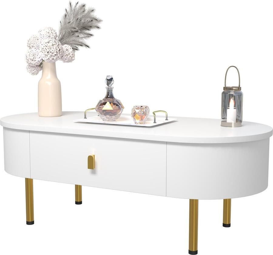 Merax Witte Salontafel met 2 Lades – Gouden Handgrepen en Poten – 108x50x40 cm – Moderne Tafel met Opbergruimte