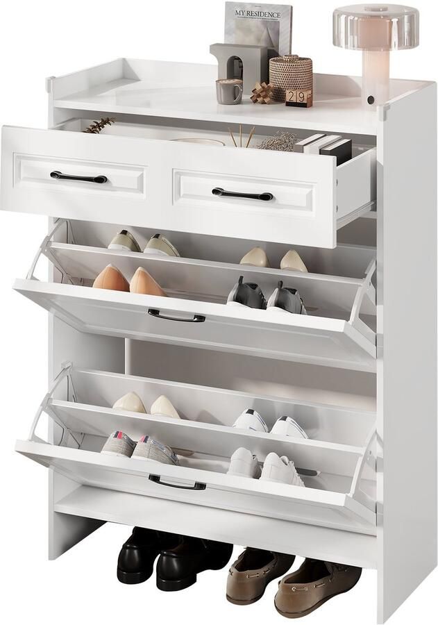 Merax Witte Schoenenkast met 4 Opbergvakken en 1 Lade Smalle Schoenenkast met Klepdeuren Moderne Opbergkast voor Hal of Entree 80 x 34 x 107.5 cm