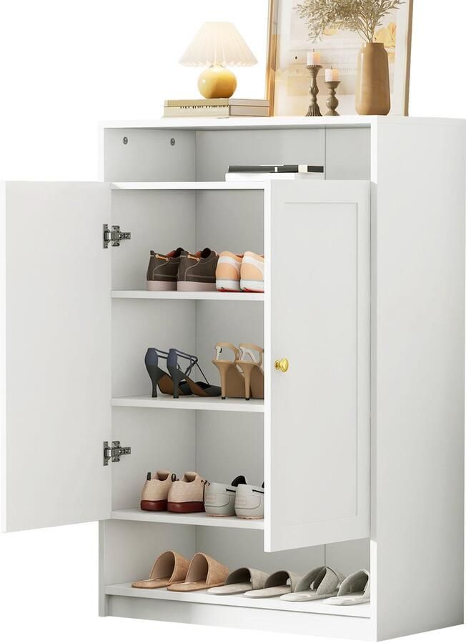Merax Witte Schoenenkast Met Deuren Moderne Opbergkast Met Verstelbare Planken En Gouden Handgrepen 73x34x109 cm