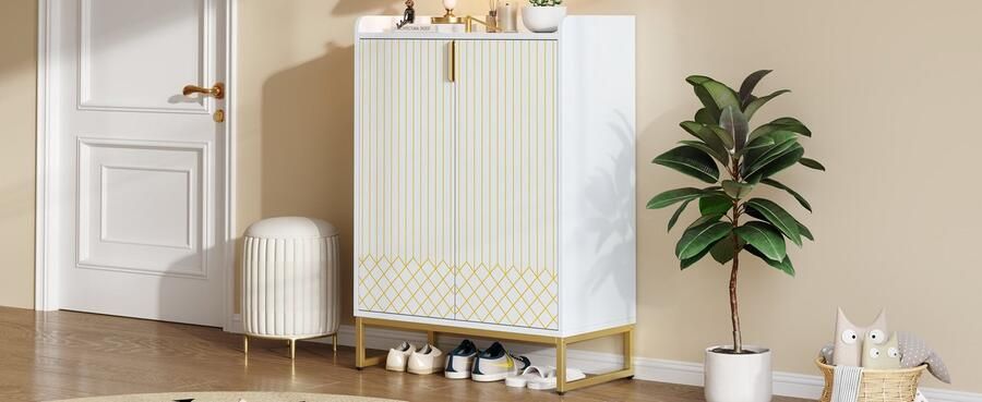 Merax Witte Schoenenkast Met Gouden Poten En Deuren Smalle Opbergkast Voor Schoenen 75x37x105 Cm - Foto 2