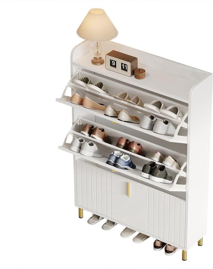 Merax Witte Schoenenkast Met Kleppen 80x23x123 cm Smal Schoenenrek Met 6 Vakken en Opbergruimte