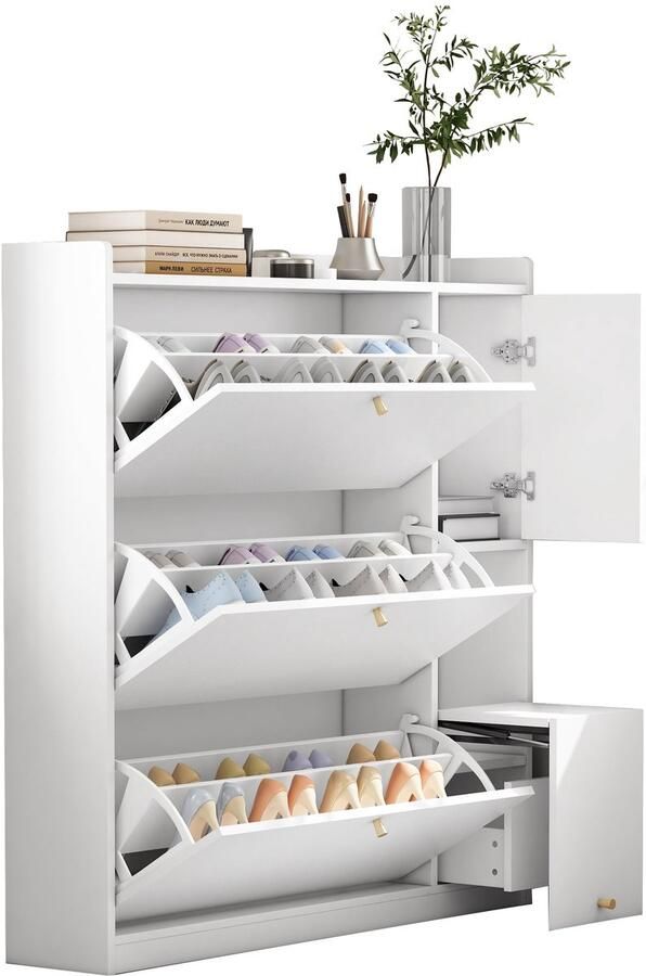 Merax Witte Schoenenkast Met Kleppen en Zitbank 119x24x122 cm Smalle Halbank Met Opbergruimte