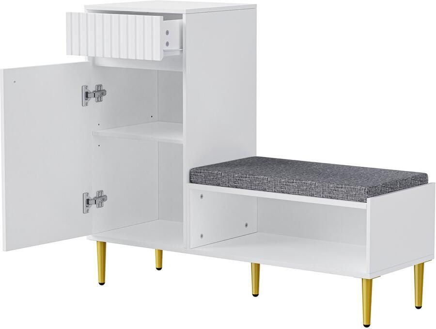 Merax Witte Schoenenkast met Zitbank Moderne Kast met Lade Deur en Open Vakken Goudkleurige Poten en Handgreep 100 x 35 x 82.2 cm Inclusief Antikantel Beveiliging