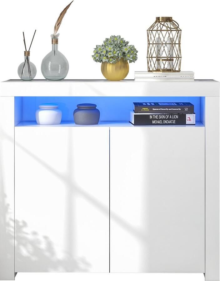 Merax Witte Sideboard met LED-verlichting – Modern Opbergkast voor Woonkamer Keuken of TV-meubel – Hoogglans en Multifunctioneel