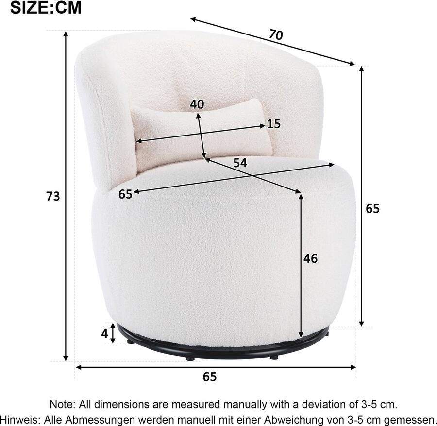 Merax Draaibaar Fauteuil Wit Teddy Pluche Draaisstoel met Lendensteun 360 Graden Draaiend Metalen Frame 100 kg Belastbaar - Foto 2