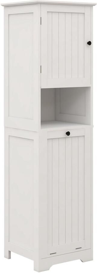 Merax Witte Wasmand Kast – 140 cm Kantelbare Was Sorter Kast met Opbergplanken – Houten Wasruimte Kast met Uitneembare Waszak