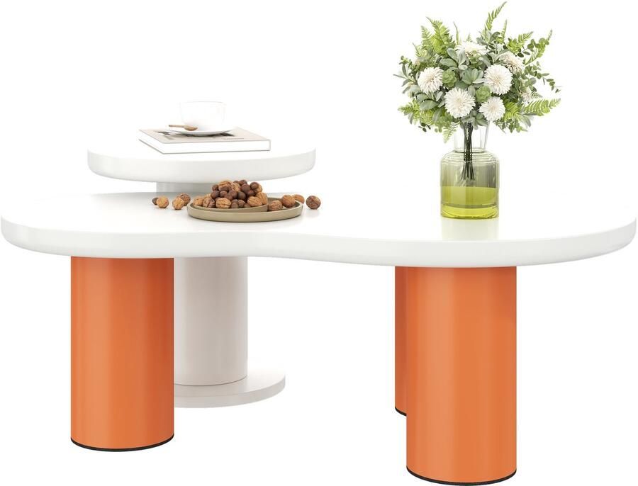 Merax Wolkvormige Salontafel Set – Wit & Oranje – Moderne Design Tafelcombinatie met Afgeronde Hoeken en Stabiele Cilindrische Poten – 2-delig