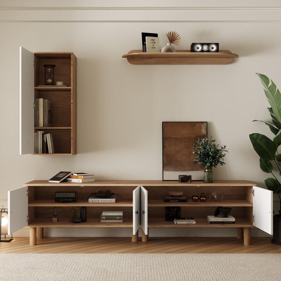 Merax Woonkamer meubelset 3-delig inclusief hoge kast wandplank Witte en houten gesneden deurpanelen