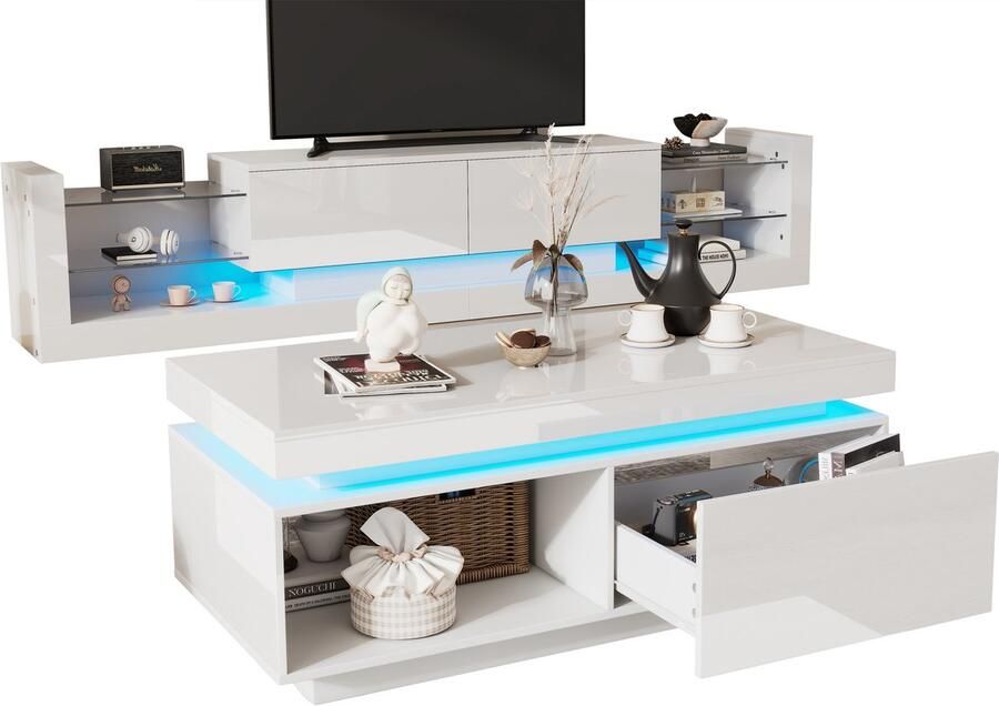 Merax Woonkamerset TV-meubel Set Hoogglans Wit – TV Kast 181 cm en Salontafel met LED Verlichting – Moderne Woonkamermeubels – Geschikt voor TV tot 80 inch