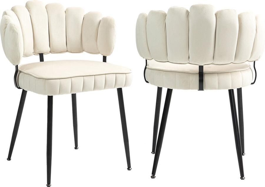 Merax Zachte Fluwelen Eetkamerstoelen 2-delig Set Comfortabele Stoelen met Armleuningen Moderne Vingergevormde Rugleuning en Hol Design Beige