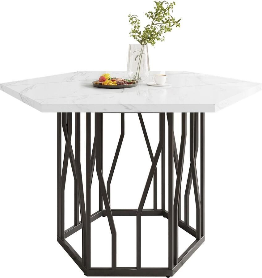Merax Moderne Zeshoekige Eettafel in Elegante Marmerlook – Keukentafel Metalen Onderstel in Uniek Design – Wit met Zwart