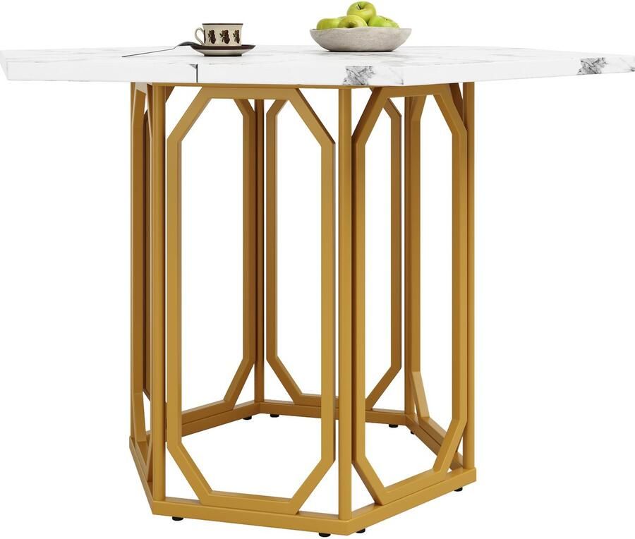 Merax Zeshoekige Eettafel met Marmerlook Moderne Eettafel met Metalen Poten MDF Tafel met Verstelbare Voeten Goudkleurig Onderstel 110x95x75 cm