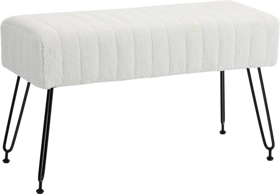 Merax HOMCOM Zitbank met Kunstbont – Fluwelen Bankje met Metalen Poten – 82x30x47 cm – Slaapkamerbank of Schoenenbank – Crèmewit