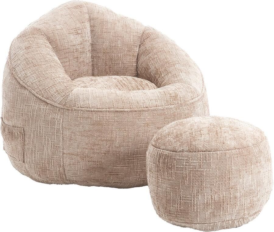 Merax Zitzak Sofa met Voetensteun – Luxe Chenille Bean Bag Stoel – Ergonomische Loungestoel met Hoge Rugleuning – Comfortabele Fauteuil voor Woonkamer & Slaapkamer – Khaki