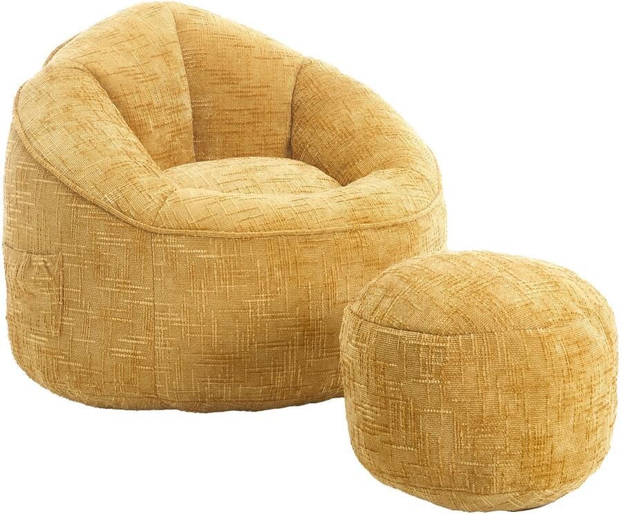 Merax Zitzak Sofa met Voetensteun – Luxe Chenille Bean Bag Stoel – Ergonomische Loungestoel met Hoge Rugleuning – Comfortabele Fauteuil voor Woonkamer & Slaapkamer – Geel