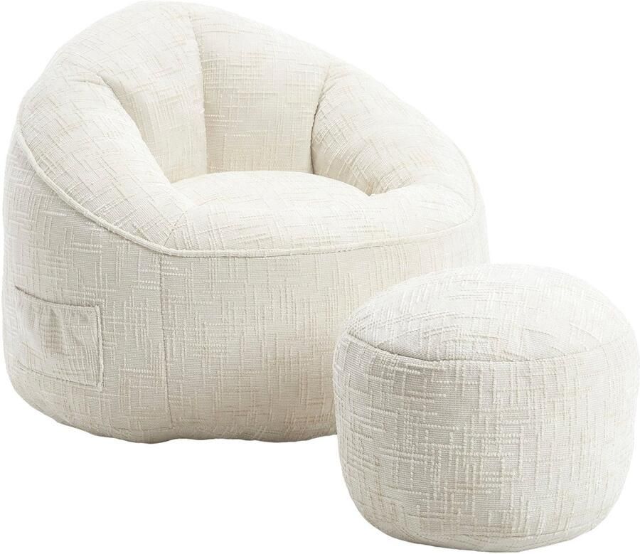 Merax Zitzak Stoel met Voetensteun – Hoge Druk Schuimvulling Ergonomisch Ontwerp Chenille Stof – 89x88x76 cm – Beige