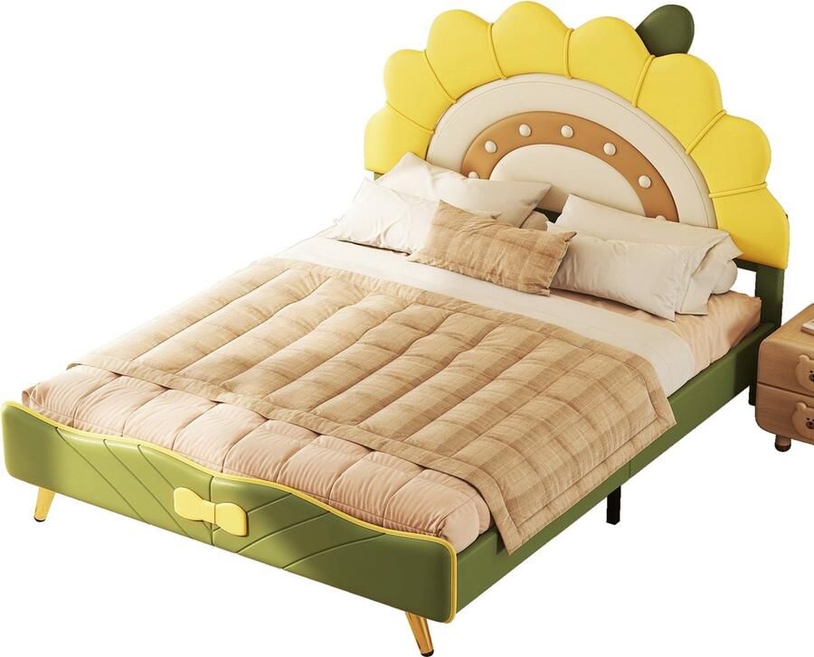 Merax Zonnebloem Kinderbed 140x200 cm voor Kinderen Kunstleer Gestoffeerd Kinderbed Tweepersoonsbed met Zonnebloem Hoofdbord en Strikdecoratie Geel met Groen